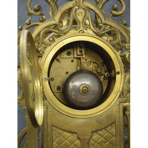 2346 - French brass two train ornate mantel clock, the Mougin movement stamped Bernard Lyon á Paris, no. 47... 