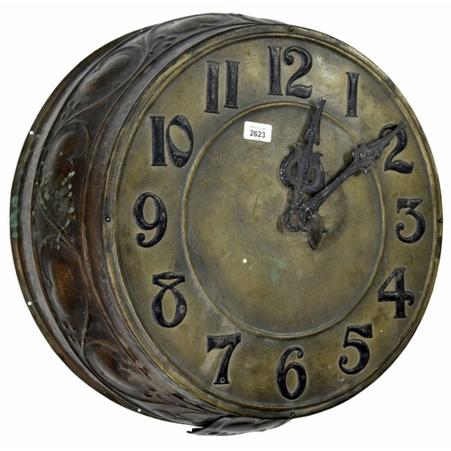 2623 - Interesting large brass Arts & Crafts style single fusee public clock, the 18