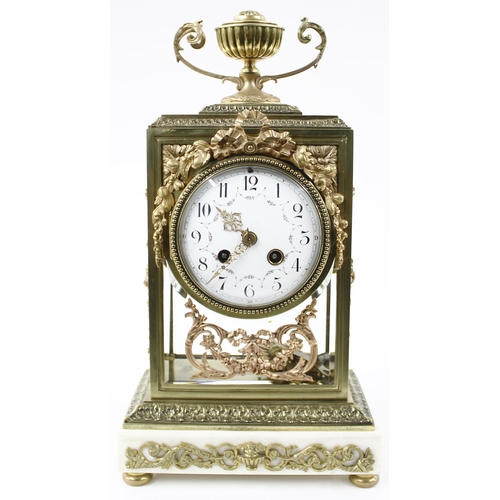 1516 - Good French brass and marble four glass two train mantel clock, the Japy Freres movement with outsid... 