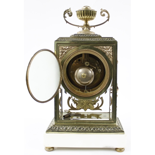 1516 - Good French brass and marble four glass two train mantel clock, the Japy Freres movement with outsid... 