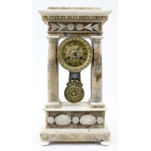 1519 - French alabaster portico two train mantel clock, the movement back plate stamped PD no. 5850, with o... 