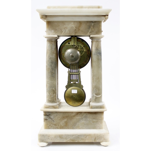 1519 - French alabaster portico two train mantel clock, the movement back plate stamped PD no. 5850, with o... 