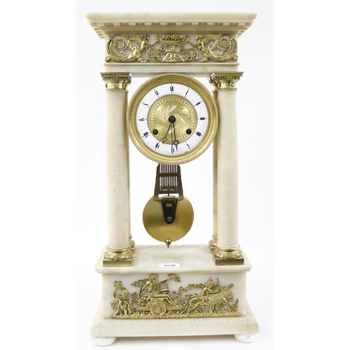 1520 - Good French alabaster and ormolu mounted portico two train mantel clock, the movement with outside c... 