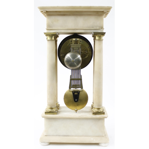 1520 - Good French alabaster and ormolu mounted portico two train mantel clock, the movement with outside c... 