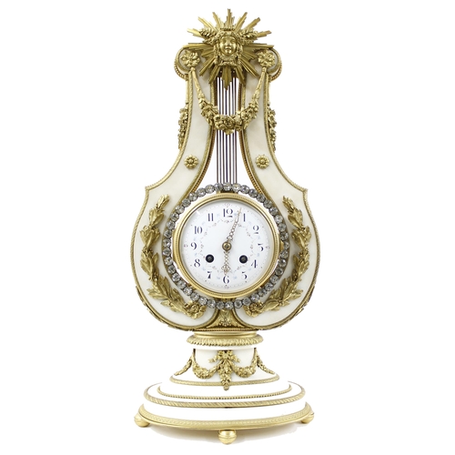 1523 - French marble and ormolu mounted two train lyre mantel clock, the S. Marti movement striking on a be... 