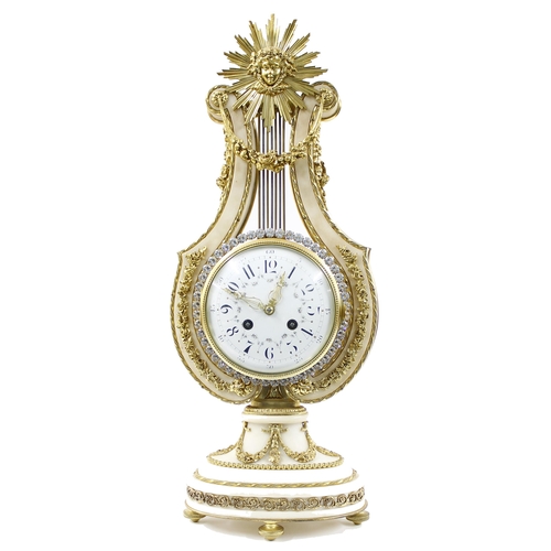 1524 - Good French white marble and ormolu mounted two train lyre mantel clock, the S. Marti movement back ... 