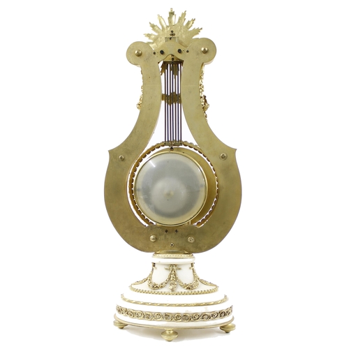 1524 - Good French white marble and ormolu mounted two train lyre mantel clock, the S. Marti movement back ... 