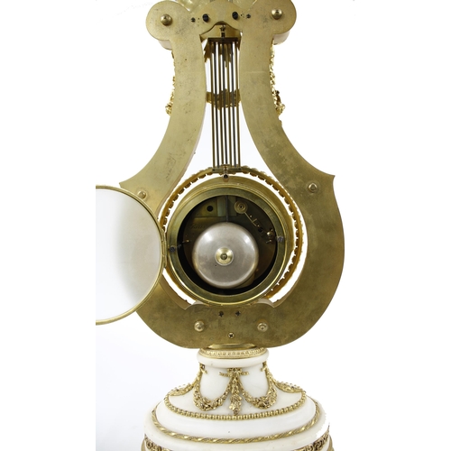 1524 - Good French white marble and ormolu mounted two train lyre mantel clock, the S. Marti movement back ... 