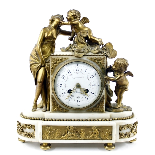 1525 - Good French white marble and ormolu mounted figural two train mantel clock, the 4.25