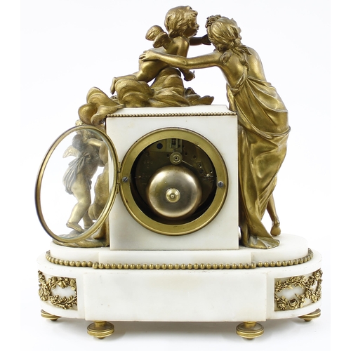 1525 - Good French white marble and ormolu mounted figural two train mantel clock, the 4.25