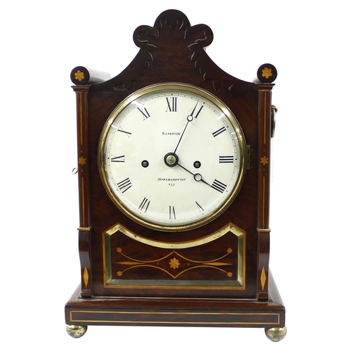 1529 - Good English mahogany and inlaid double fusee bracket clock, the 6