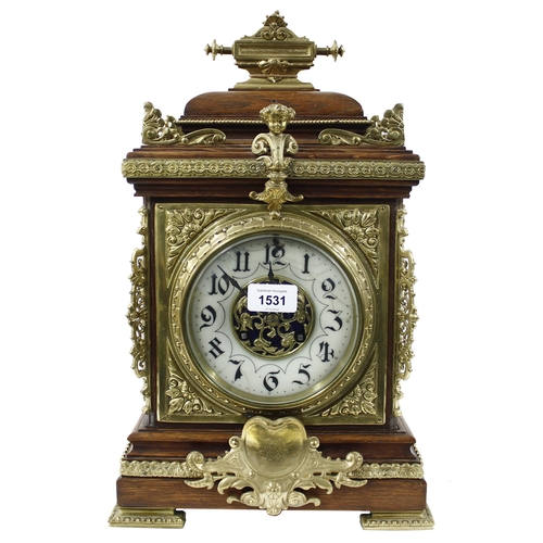 1531 - French oak and brass mounted two train mantel clock, the S. Marti movement striking on a gong, the 5... 