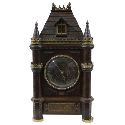 1532 - Continental walnut and brass mounted two train novelty wall clock in the form of a house, the eight ... 