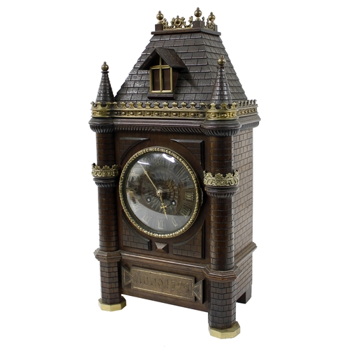 1532 - Continental walnut and brass mounted two train novelty wall clock in the form of a house, the eight ... 