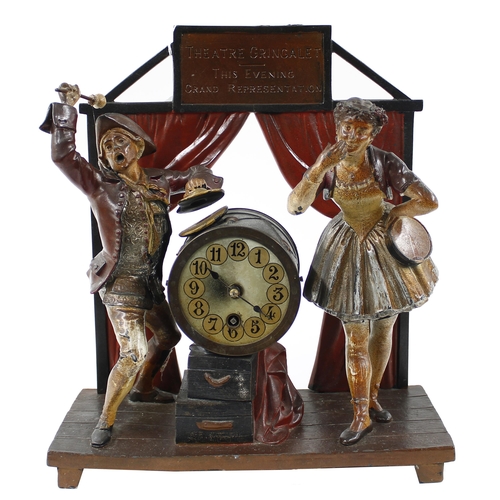 1533 - Rare painted bronze novelty mantel clock timepiece modelled as a theatre entrance, the 3