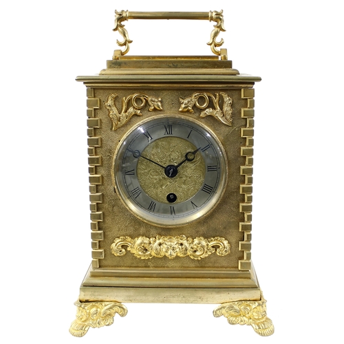 1534 - English ormolu carriage style single fusee mantel clock, the top plinth beneath the handle inscribed... 