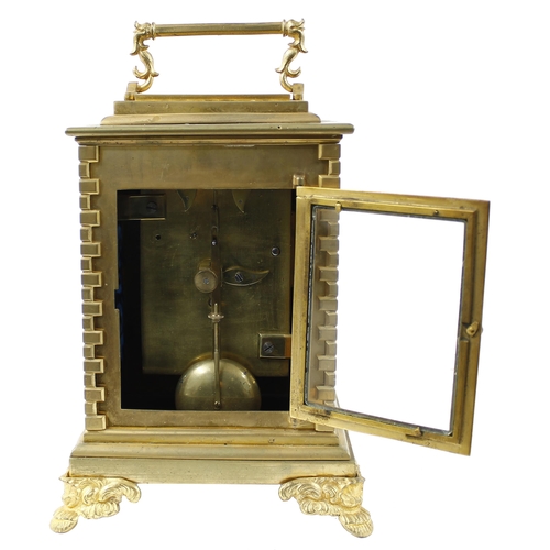 1534 - English ormolu carriage style single fusee mantel clock, the top plinth beneath the handle inscribed... 