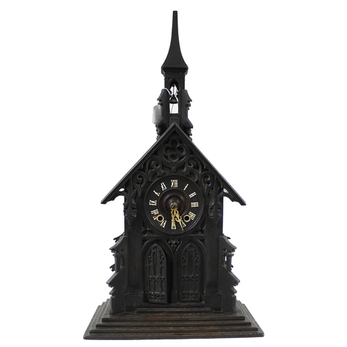 1535 - Rare Black Forest automaton two train novelty mantel clock modelled as a church with bell tower, the... 