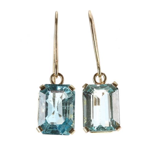 202 - Pair of aquamarine emerald-cut drop earrings set in yellow gold, each 4.60ct approx, 4.5gm, hook bac... 