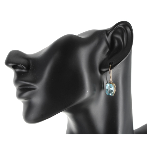 202 - Pair of aquamarine emerald-cut drop earrings set in yellow gold, each 4.60ct approx, 4.5gm, hook bac... 