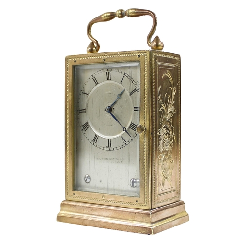 1221 - Small gilded brass carriage clock type timepiece, the movement with fixed key wind platform escapeme... 