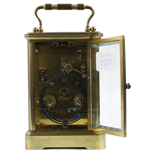 1223 - Carriage clock striking on a gong, within a corniche brass case, 7