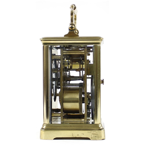 1233 - French carriage clock striking on a gong, within a corniche brass case, 6.5