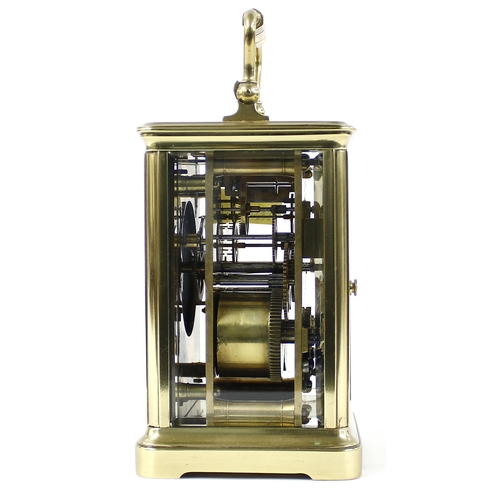 1234 - French carriage clock striking on a gong, within a corniche brass case, 6.5