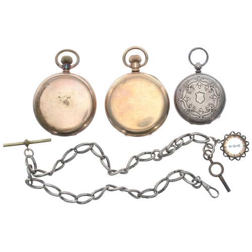 581 - Two gold plated pocket watches; silver watch Albert with a compass gilt fob and key, 46.8gm; al... 