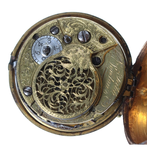 598 - English gilt metal and tortoiseshell verge pocket watch, signed fusee movement, Roman numeral dial w... 