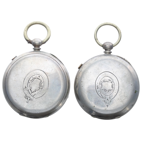 605 - Two silver 'Patent Chronograph' centre seconds chronograph cylinder pocket watches, 55mm and 52mm... 