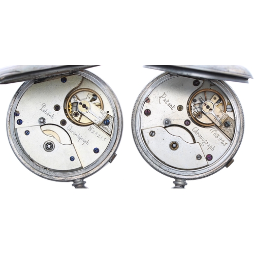 605 - Two silver 'Patent Chronograph' centre seconds chronograph cylinder pocket watches, 55mm and 52mm... 