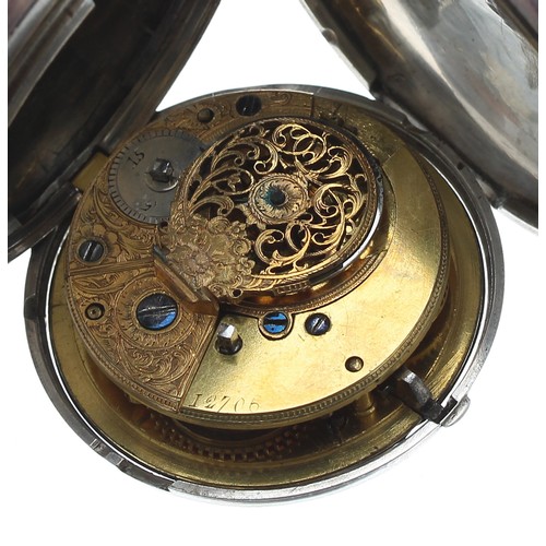 616 - George III silver verge hunter pocket watch, London 1808, unsigned fusee movement, no. 12706 with pi... 