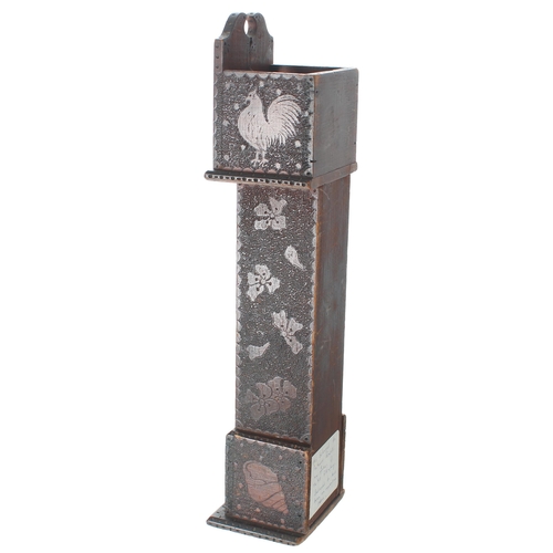 622 - Wooden pocket watch stand in the form of a longcase clock, with pokerwork decoration, 13.25'' high a... 