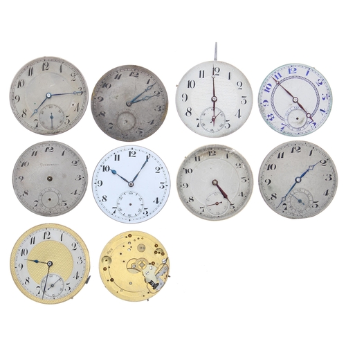 636 - Ten lever pocket watch movements including one signed Movado, seven with silvered dials (one lacking... 