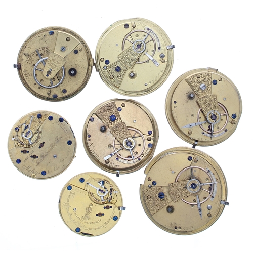 650 - Four small unsigned fusee lever pocket watch movements; together with three small lever pocket watch... 