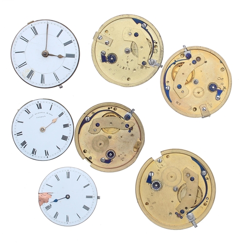 650 - Four small unsigned fusee lever pocket watch movements; together with three small lever pocket watch... 