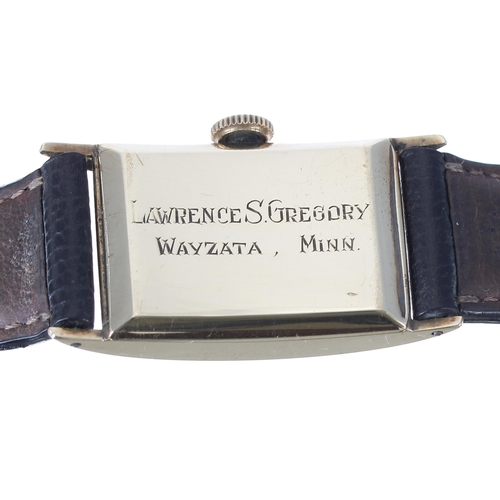 105 - Longines 14ct rectangular curved gentleman's wristwatch, movement and case no. 6617xxx, circa 1943, ... 