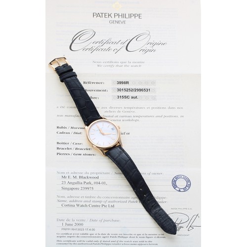 63 - Patek Philippe Calatrava 18ct rose gold automatic calendar gentleman's wristwatch, reference no. 399... 