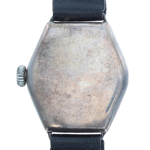 147 - Silver wire-lug hexagonal wristwatch, import hallmarks Edinburgh 1928, circular silvered dial brande... 