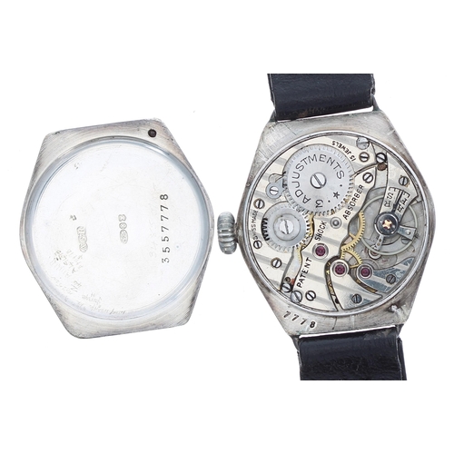 147 - Silver wire-lug hexagonal wristwatch, import hallmarks Edinburgh 1928, circular silvered dial brande... 