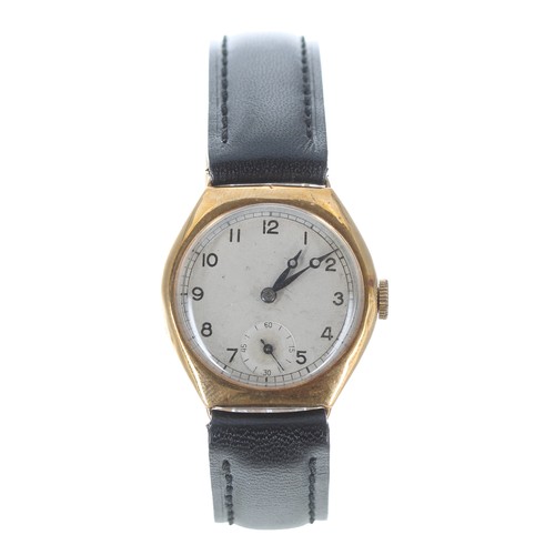 201 - 1930s 9ct wire-lug gentleman's wristwatch, Chester 1933, silvered dial with Arabic numerals, minute ... 