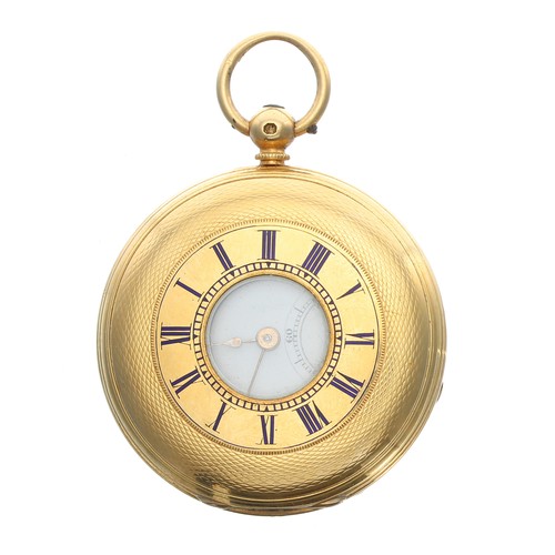 282 - Victorian 18ct half hunter lever pocket watch, London 1863, gilt three quarter plate movement signed... 