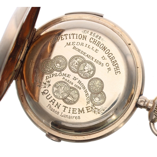 287 - Fine Swiss 14ct quarter repeating chronograph calendar pocket watch with moon phase, lever set movem... 