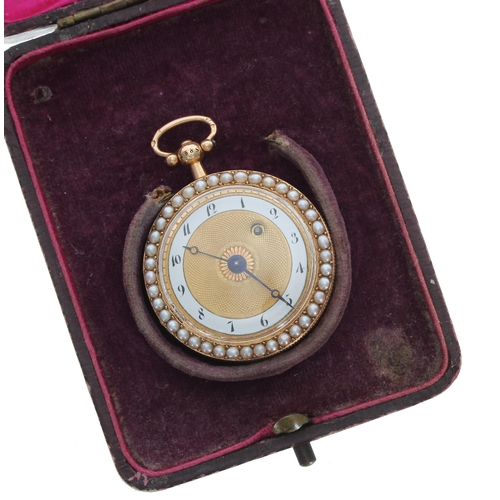 297 - Attractive Continental 18ct enamel and seed pearl verge pocket watch, the fusee movement with pierce... 