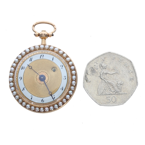 297 - Attractive Continental 18ct enamel and seed pearl verge pocket watch, the fusee movement with pierce... 