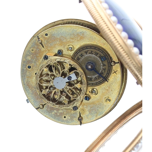 297 - Attractive Continental 18ct enamel and seed pearl verge pocket watch, the fusee movement with pierce... 