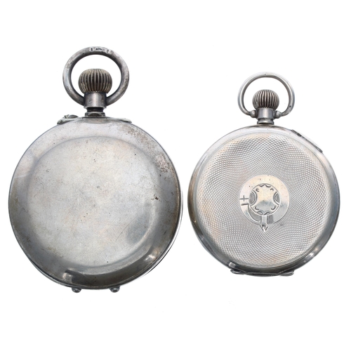 450 - Signal silver (0.935) lever alarm pocket watch, 51mm; together with a silver lever engine turned poc... 