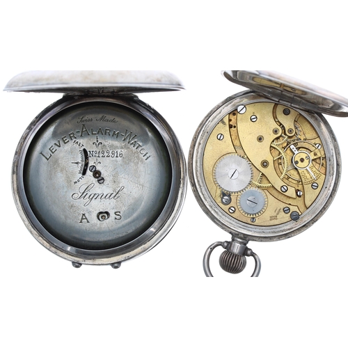 450 - Signal silver (0.935) lever alarm pocket watch, 51mm; together with a silver lever engine turned poc... 