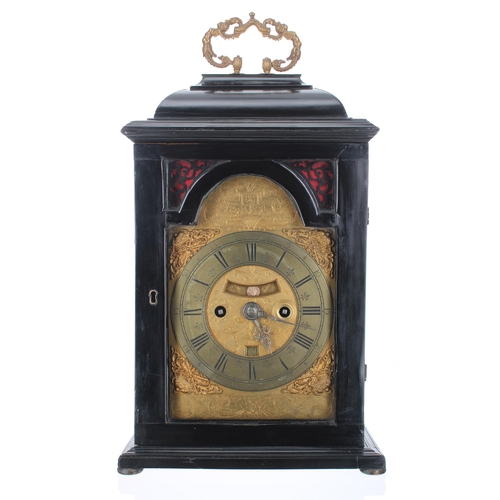 1411 - Good English ebonised double fusee bracket clock and bracket, the 6.5